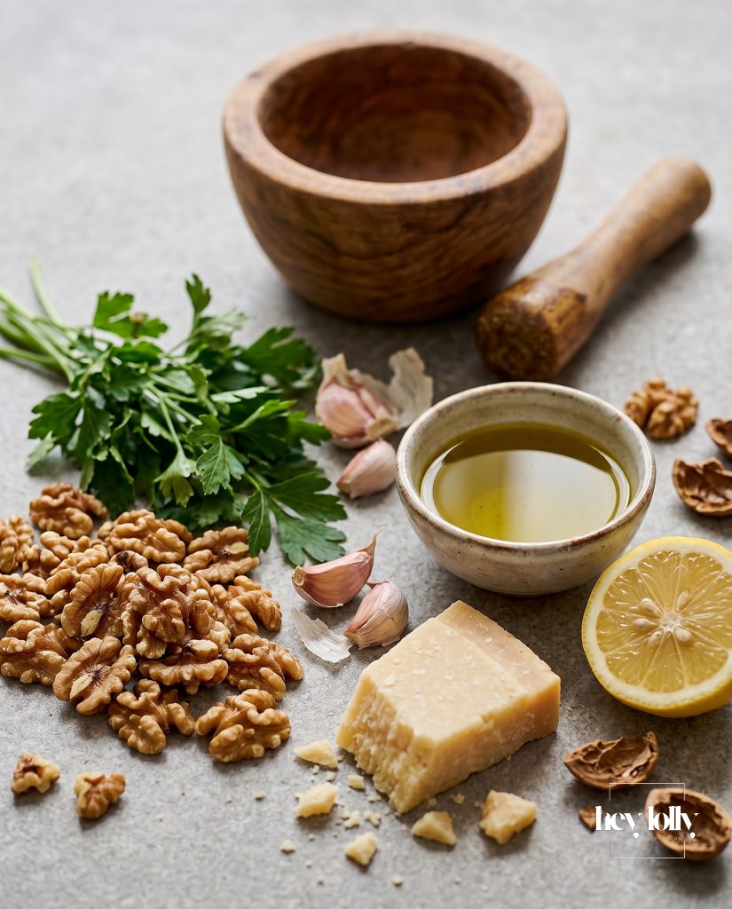 Ingredients for preserved lemon pasta including lemons, basil, garlic, walnuts and parmesan