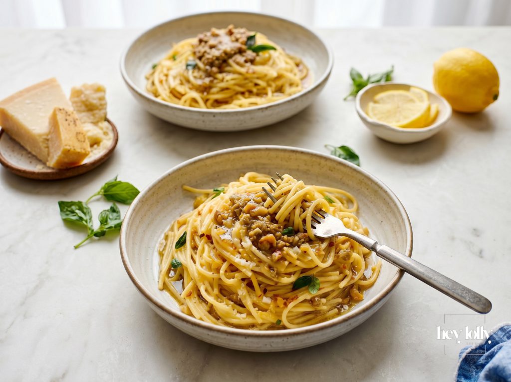 Served preserved lemon pasta with walnut pesto on a styled dining table