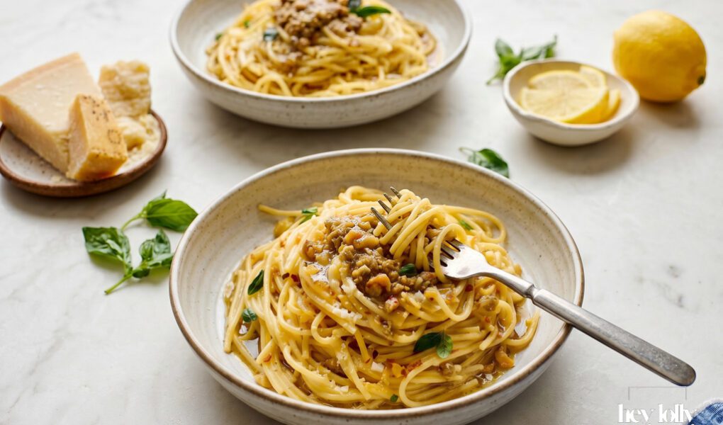 Preserved lemon pasta with roasted walnut pesto, basil and grated parmesan in a ceramic bowl