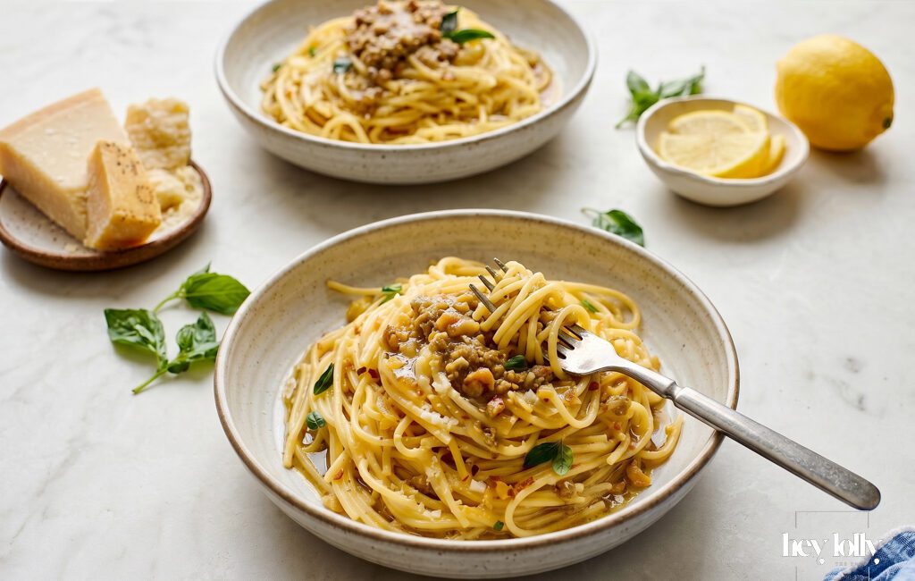 Preserved lemon pasta with roasted walnut pesto, basil and grated parmesan in a ceramic bowl