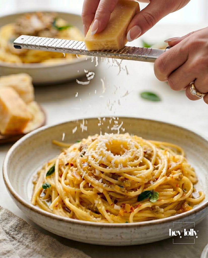 Grating parmesan over preserved lemon pasta with walnut pesto