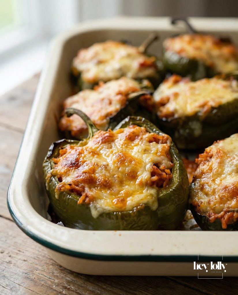 stuffed peppers with spicy rice topped with melted cheese in baking dish