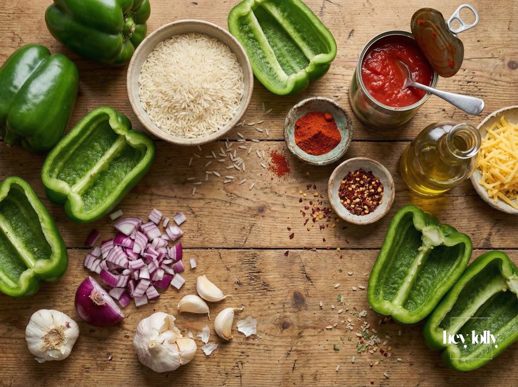ingredients for stuffed peppers with spicy rice laid out on kitchen surface