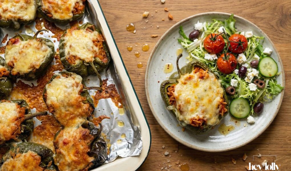 stuffed peppers with spicy rice overhead plated shot