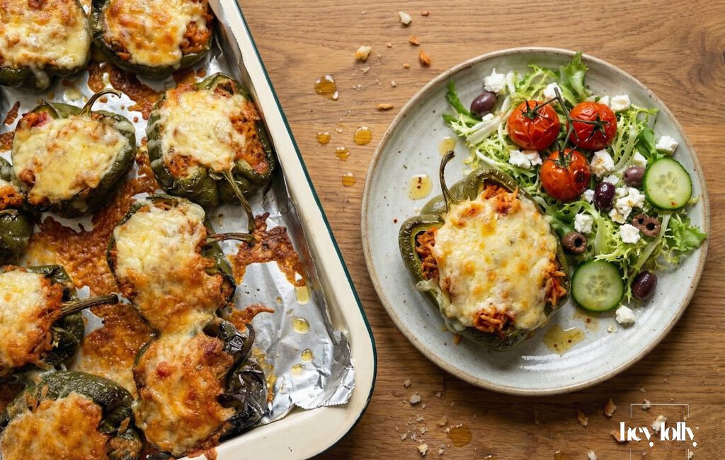 stuffed peppers with spicy rice overhead plated shot