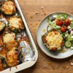 stuffed peppers with spicy rice overhead plated shot