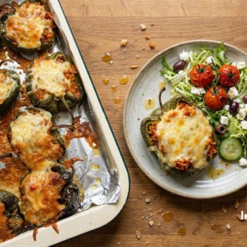 stuffed peppers with spicy rice overhead plated shot