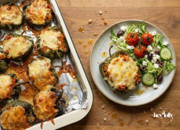 stuffed peppers with spicy rice overhead plated shot