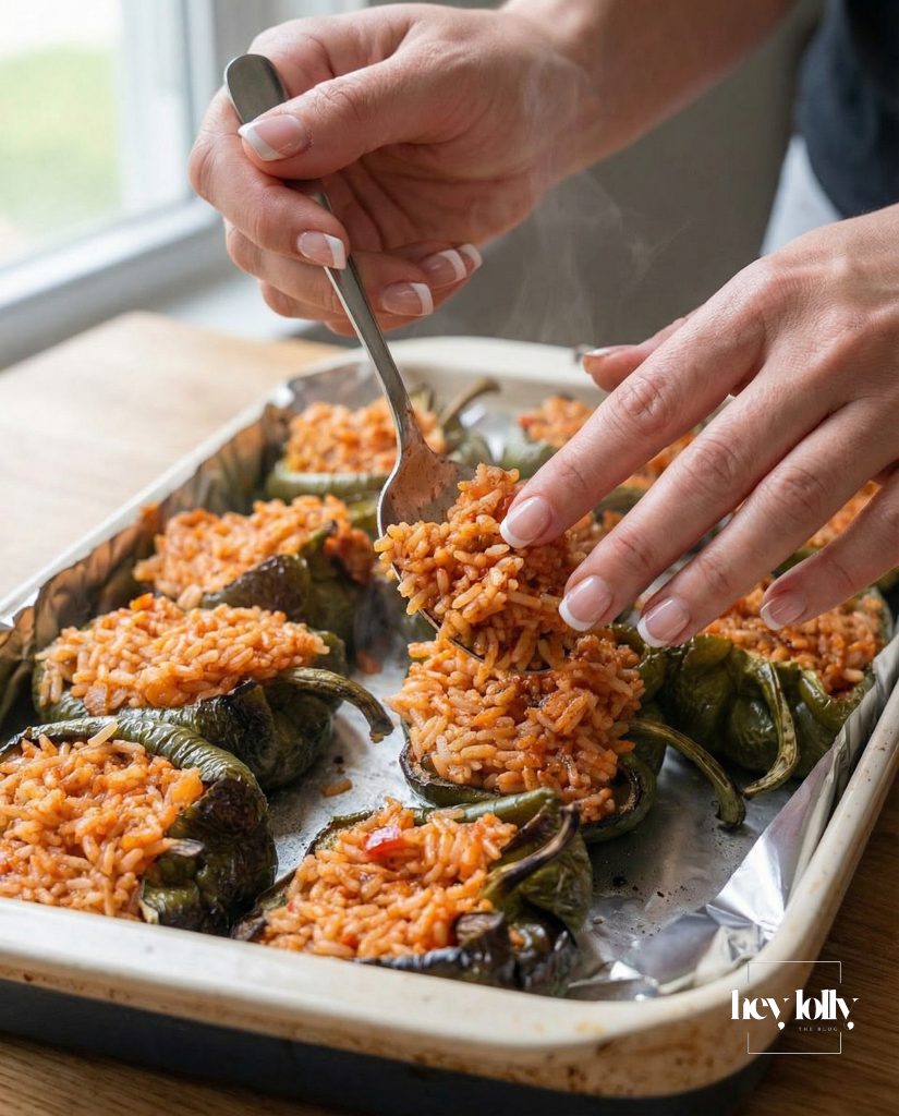 spicy tomato rice being spooned into green peppers before baking