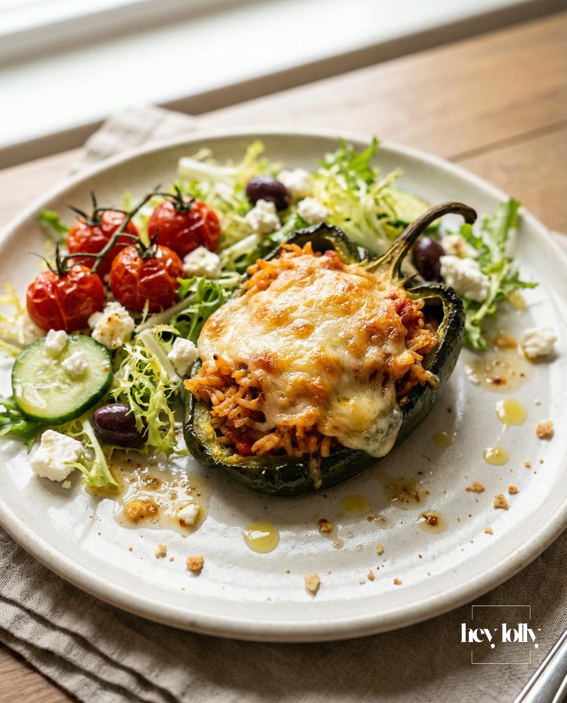 close up stuffed peppers with spicy rice and bubbling golden cheese texture