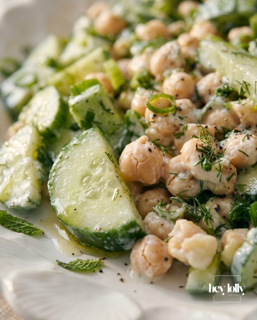 Summer tzatziki chickpea bowl with cucumber, herbs and yogurt dressing served fresh