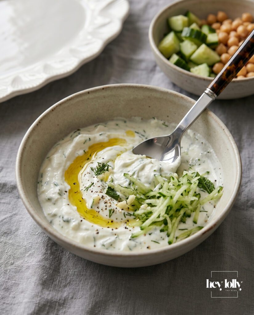 Creamy tzatziki dressing being mixed with yogurt, cucumber, garlic and herbs for chickpea bowl