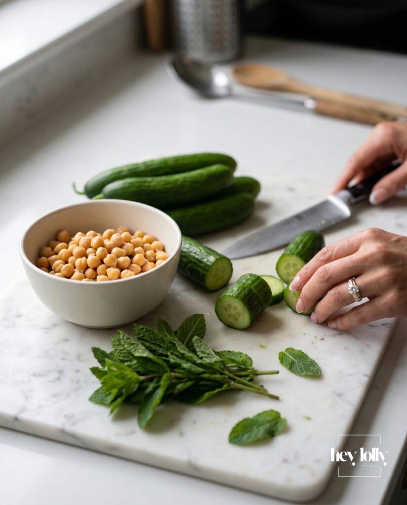 Fresh Persian cucumbers and drained chickpeas on a marble board with mint for summer tzatziki chickpea bowl