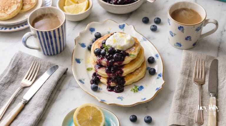 lemon ricotta pancakes overhead shot with bllueberry compote